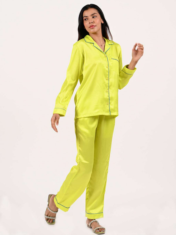 Satin Full Sleeves & Pyjamas Night Suit Lemon