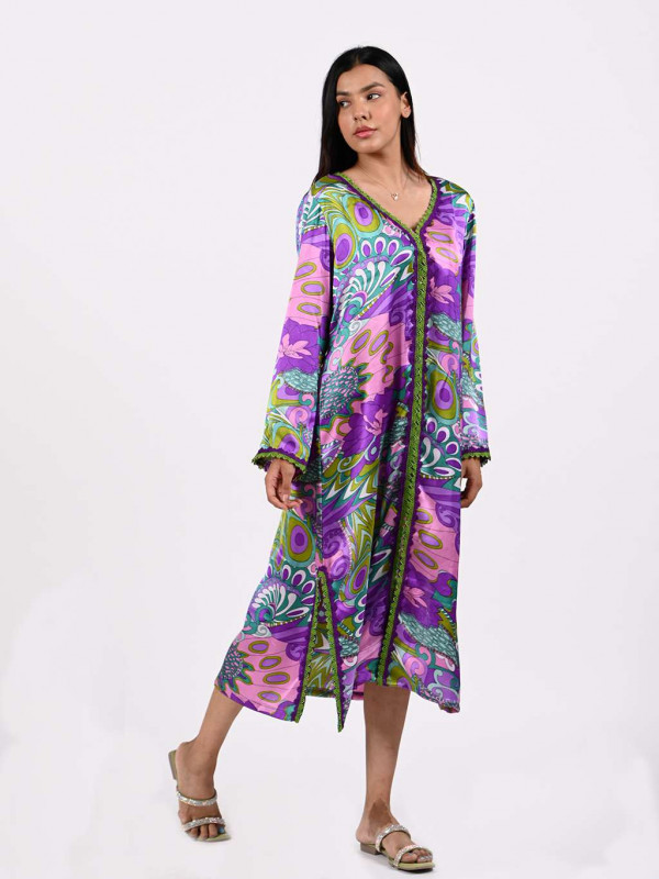 Printed Satin Long Kaftan Dress With Lace